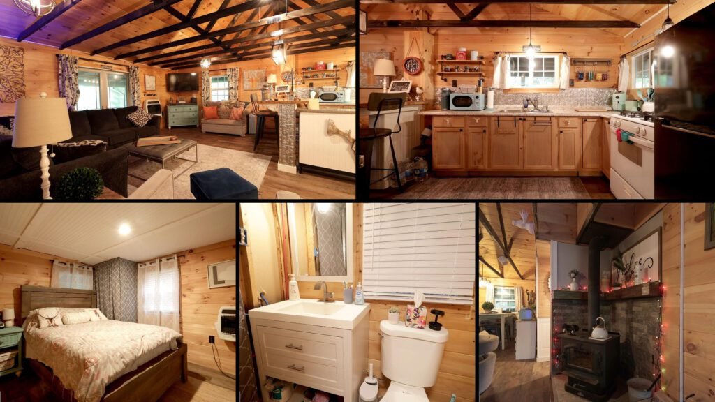 Interior collage of a cheap hunting cabin for sale in Snow Shoe, Pennsylvania — 2 acres at $185,000