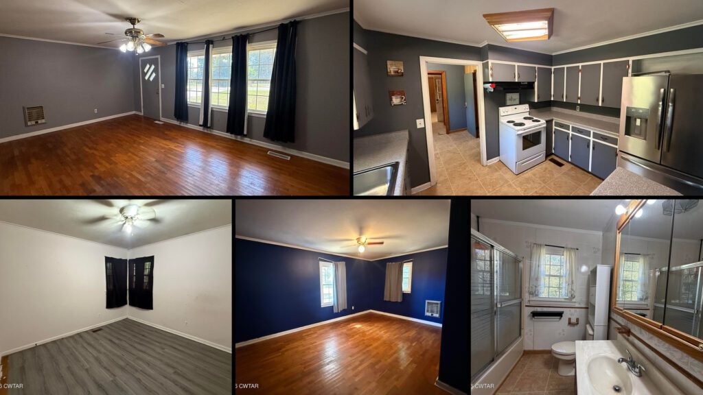 Interior collage of a cheap ranch home for sale in McKenzie, Tennessee — 3.5 acres at $140,000
