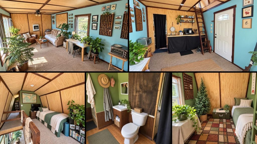Interior collage of a cheap farmhouse for sale in West Plains, Missouri — 78.79 acres at $299,000