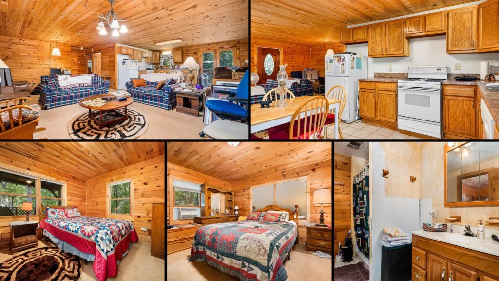 Interior collage of a cheap log home for sale in Mountain City, Tennessee — 9.04 acres at $245,000