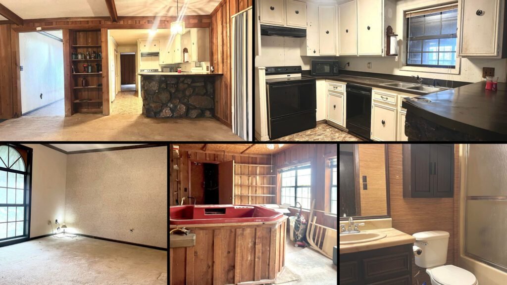 Interior collage of a cheap farmhouse for sale in McGehee, Arkansas — 2 acres at $75,000