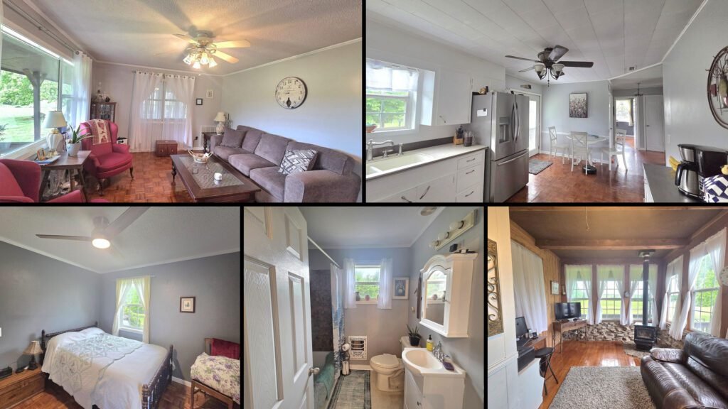 Interior collage of a cheap farmhouse for sale in Fox, Arkansas — 40 acres at $360,000