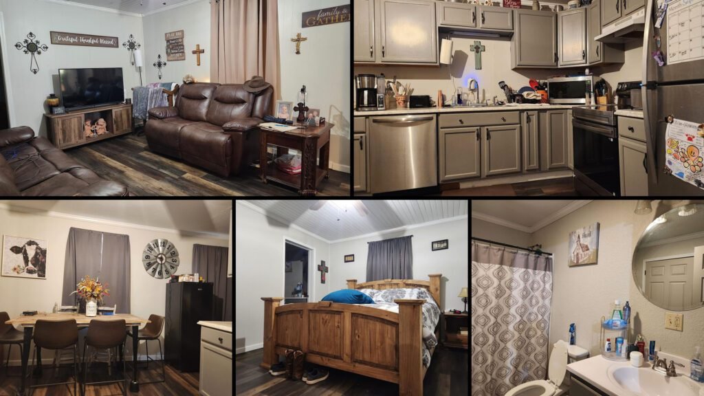 Interior collage of a cheap farmhouse for sale in Star City, Arkansas — 4.73 acres at $149,000
