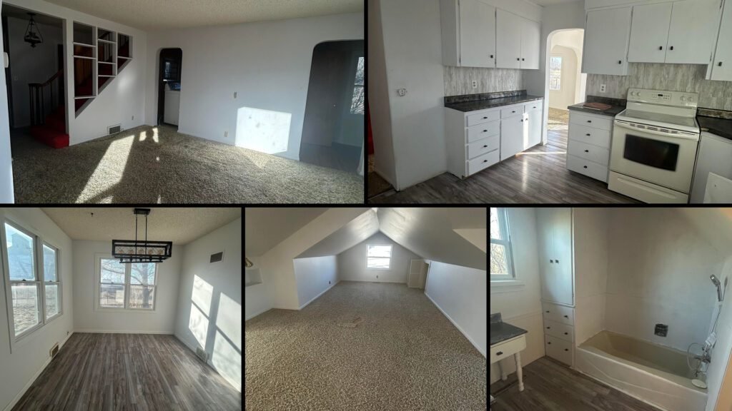 Interior collage of a cheap Cape Cod house for sale in Gildford, Montana — 1.31 acres at $159,000