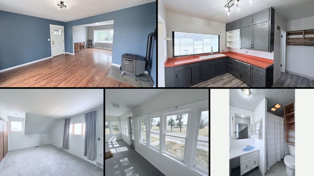 Interior collage of a cheap farmhouse for sale in Chester, Montana — 11.54 acres at $250,000