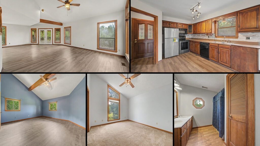 Interior collage of a cheap country home for sale in Selmer, Tennessee — 8.16 acres at $389,000