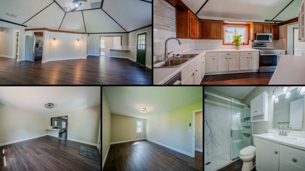 Interior collage of a cheap farmhouse for sale in Monticello, Arkansas — 5.75 acres at $265,000