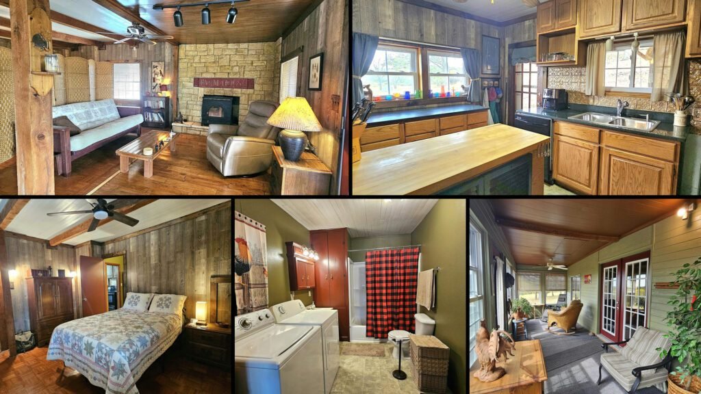 Interior collage of a cheap farmhouse for sale in Drury, Missouri — 20 acres at $260,000