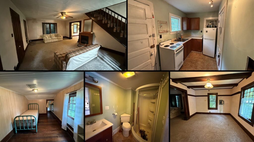 Interior collage of a cheap creekside camp for sale in Centerville, Pennsylvania — 1 acres at $89,000