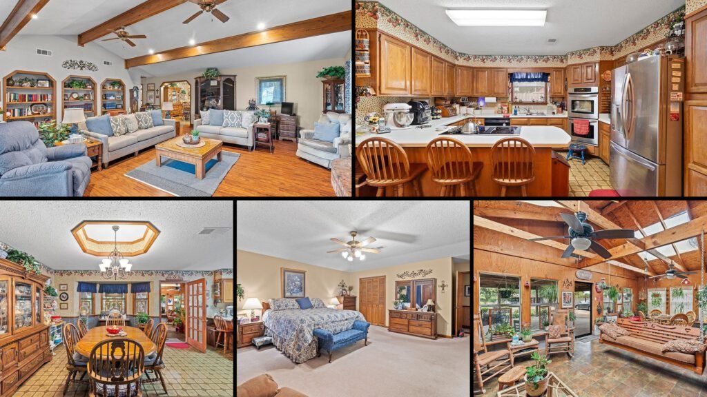 Interior collage of a cheap farmhouse for sale in Proctor, Arkansas — 5 acres at $319,900