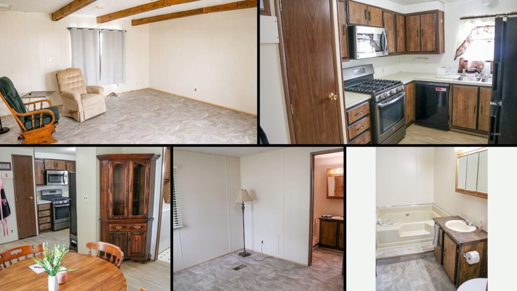 Interior collage of a cheap manufactured home for sale in Glendive, Montana — 1,206 sq ft at $39,900