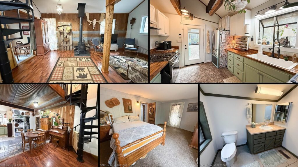 Interior collage of a cheap farmhouse for sale in Booneville, Arkansas — 10 acres at $299,900