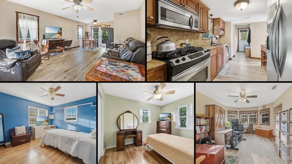 Interior collage of a cheap split-level home for sale in Atlanta, Texas — 8.07 acres at $294,500