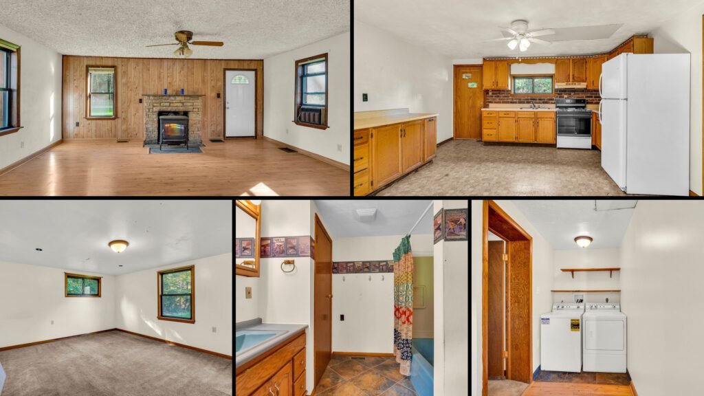 Interior collage of a cheap ranch home for sale in Sigel, Pennsylvania — 3.32 acres at $135,000