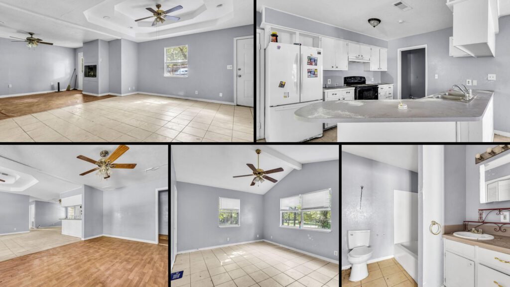 Interior collage of a cheap brick home for sale in Newton, Texas — 0.5 acres at $49,900