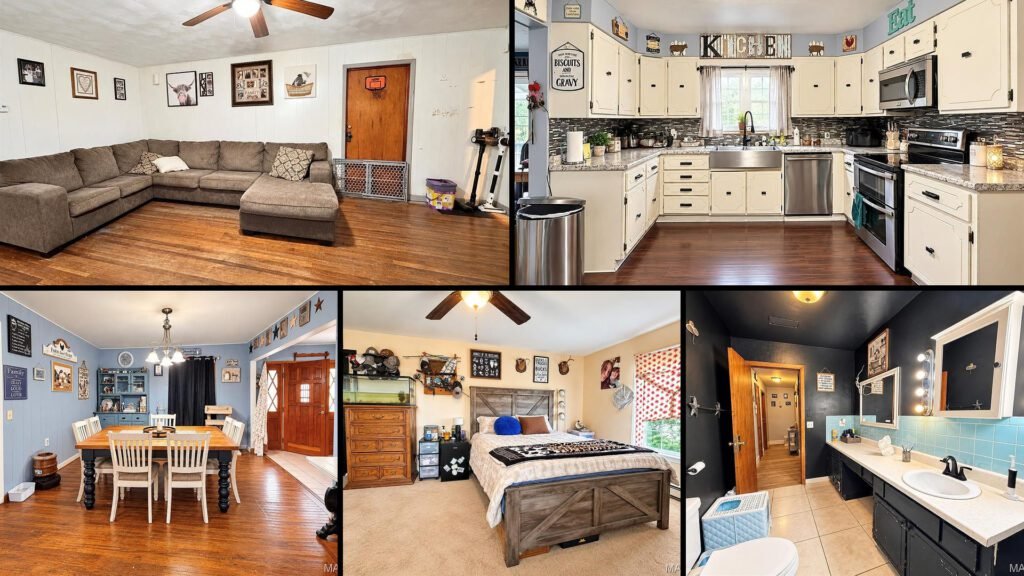 Interior collage of a cheap farmhouse for sale in Des Arc, Missouri — 10.26 acres at $349,900