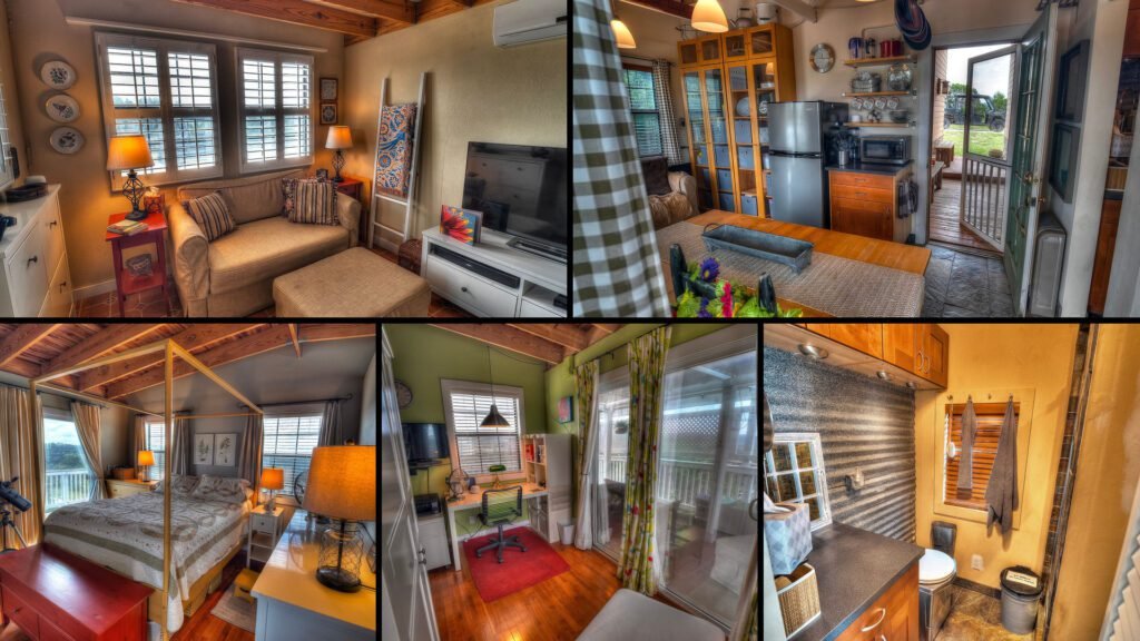 Interior collage of a cheap hilltop cabin for sale in Camp Wood, Texas — 5.73 acres at $240,000