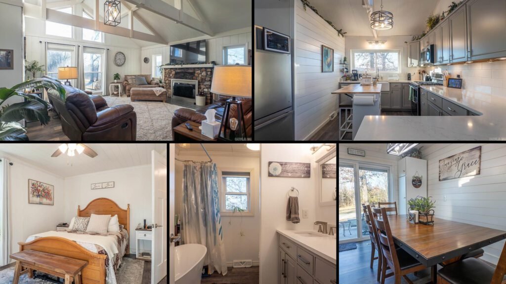 Interior collage of a cheap farmhouse for sale in Alton, Missouri — 20.1 acres at $315,000