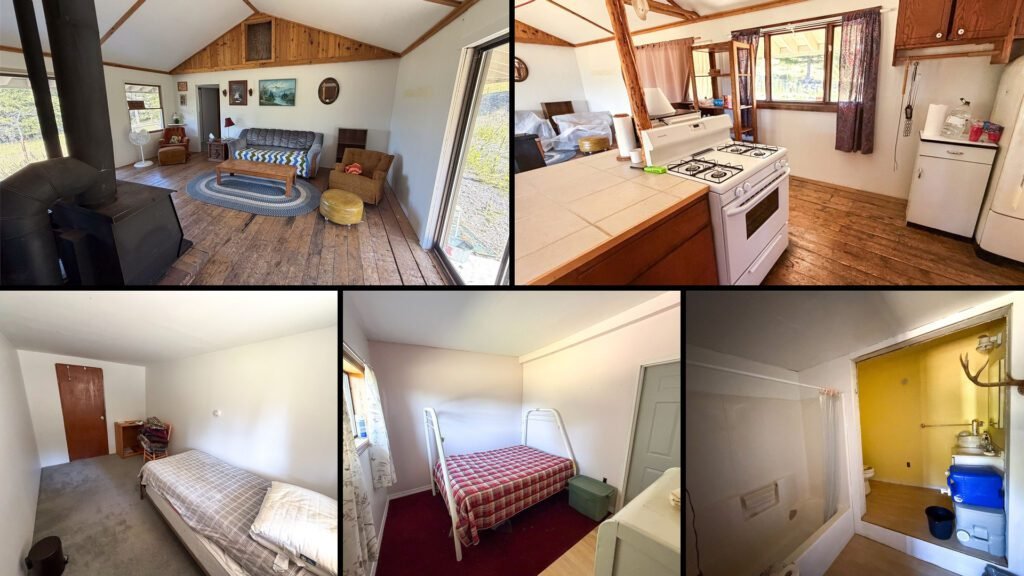 Interior collage of a cheap mountain cabin for sale in Helmville, Montana — 18.5 acres at $215,000