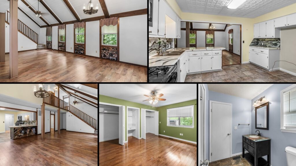 Interior collage of a cheap farmhouse for sale in Melbourne, Arkansas — 5.19 acres at $195,000