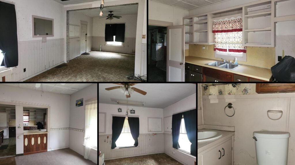 Interior collage of a cheap farmhouse for sale in Kingsland, Arkansas — 0.32 acres at $20,000