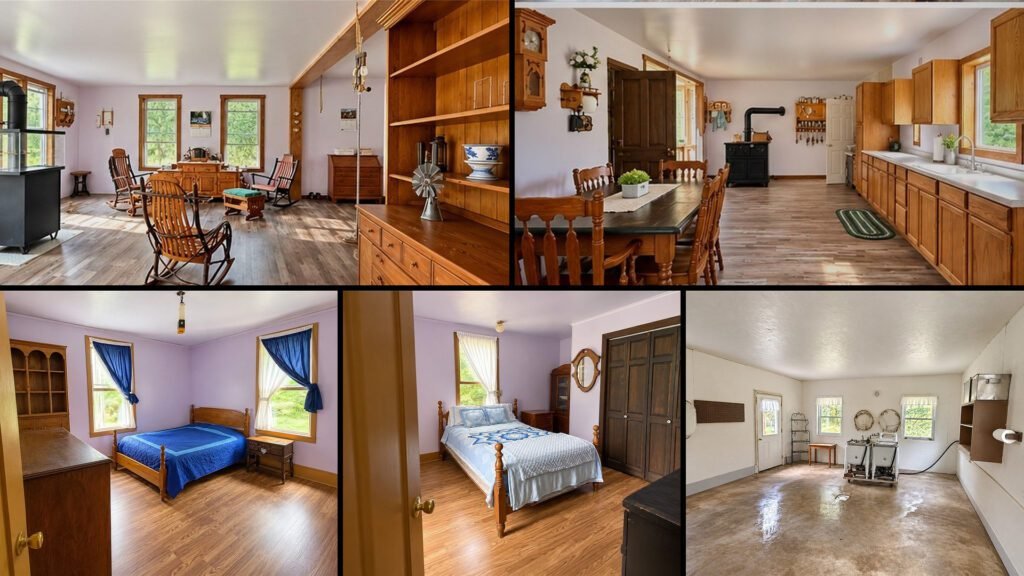 Interior collage of a cheap farmhouse for sale in Punxsutawney, Pennsylvania — 9.75 acres at $325,500