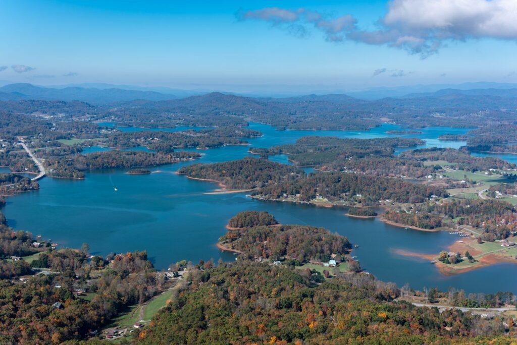Aerial view of Lake Chatuge and the Appalachian ridges around Hiawassee in Towns County, North Georgia