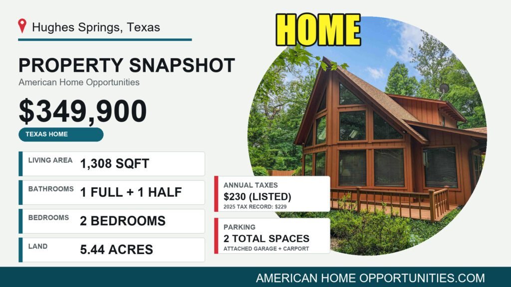 Price card for a cheap lakefront home for sale in Hughes Springs, Texas — $349,900, 5.44 acres