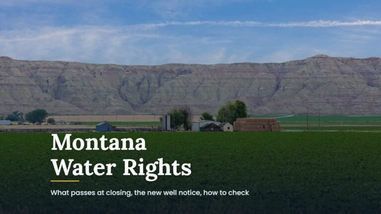 Montana water rights guide cover over green irrigated farmland and red barns below the mountains in Montana