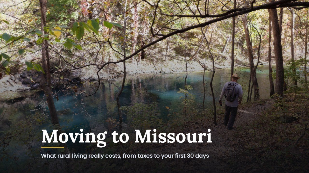 Moving to Missouri guide cover over a spring-fed river near Camdenton, Missouri