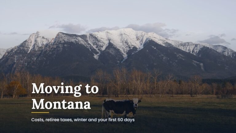 Moving to Montana guide cover over a cow grazing below snow-capped mountains in Montana