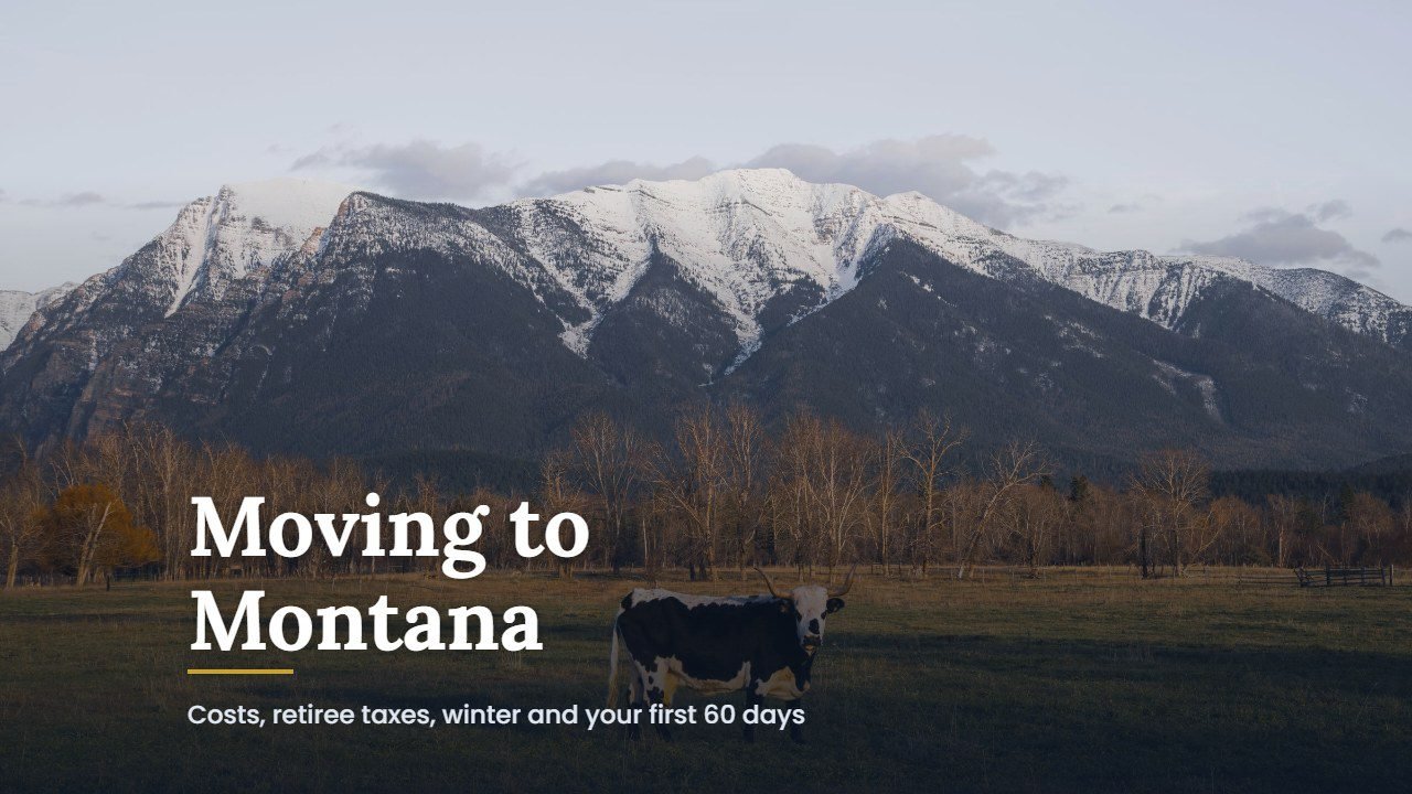 Moving to Montana guide cover over a cow grazing below snow-capped mountains in Montana