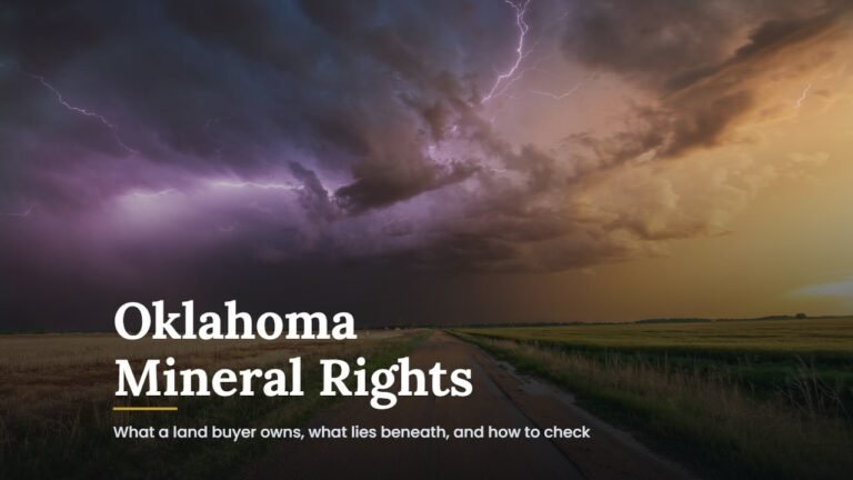 Oklahoma mineral rights guide cover over a dirt road through wheat fields under a storm in Oklahoma