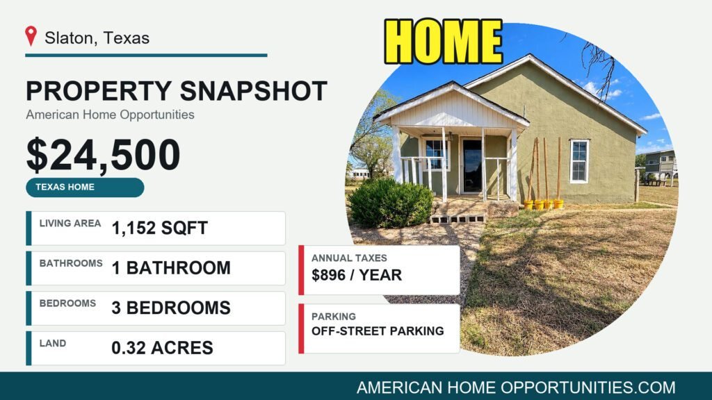 Price card for a cheap stucco fixer-upper for sale in Slaton, Texas — $24,500, 0.32 acres