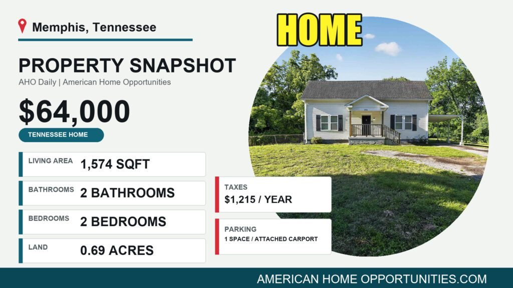 Price card for a cheap house on a large lot for sale in Memphis, Tennessee — $64,000, 0.69 acres