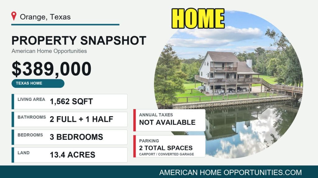 Price card for a cheap three-story home with two ponds for sale in Orange, Texas — $389,000, 13.4 acres