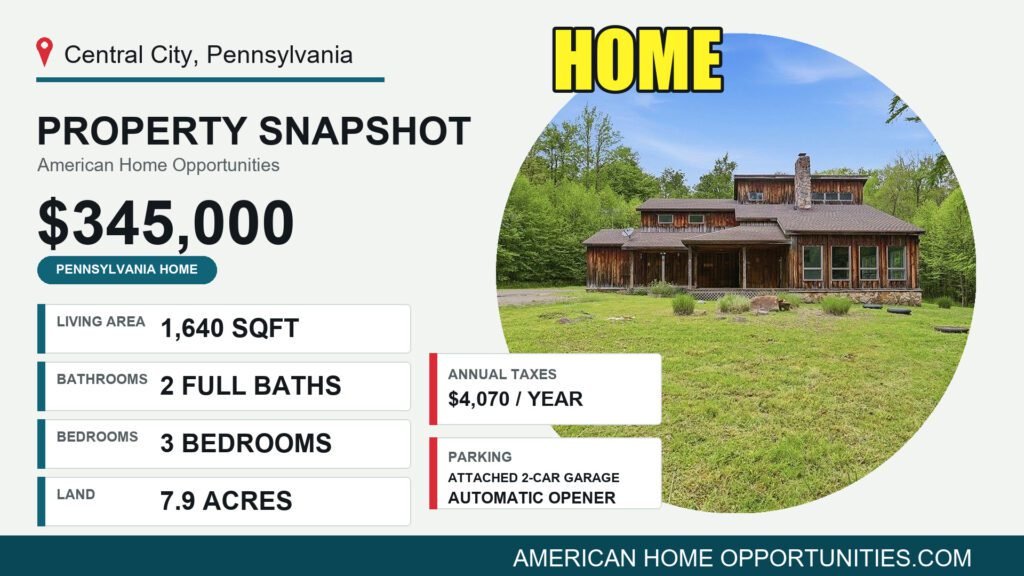 Price card for a cheap timber-frame home for sale in Central City, Pennsylvania — $345,000, 7.9 acres