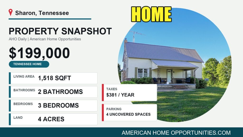 Price card for a cheap farmhouse with land for sale in Sharon, Tennessee — $199,000, 4 acres